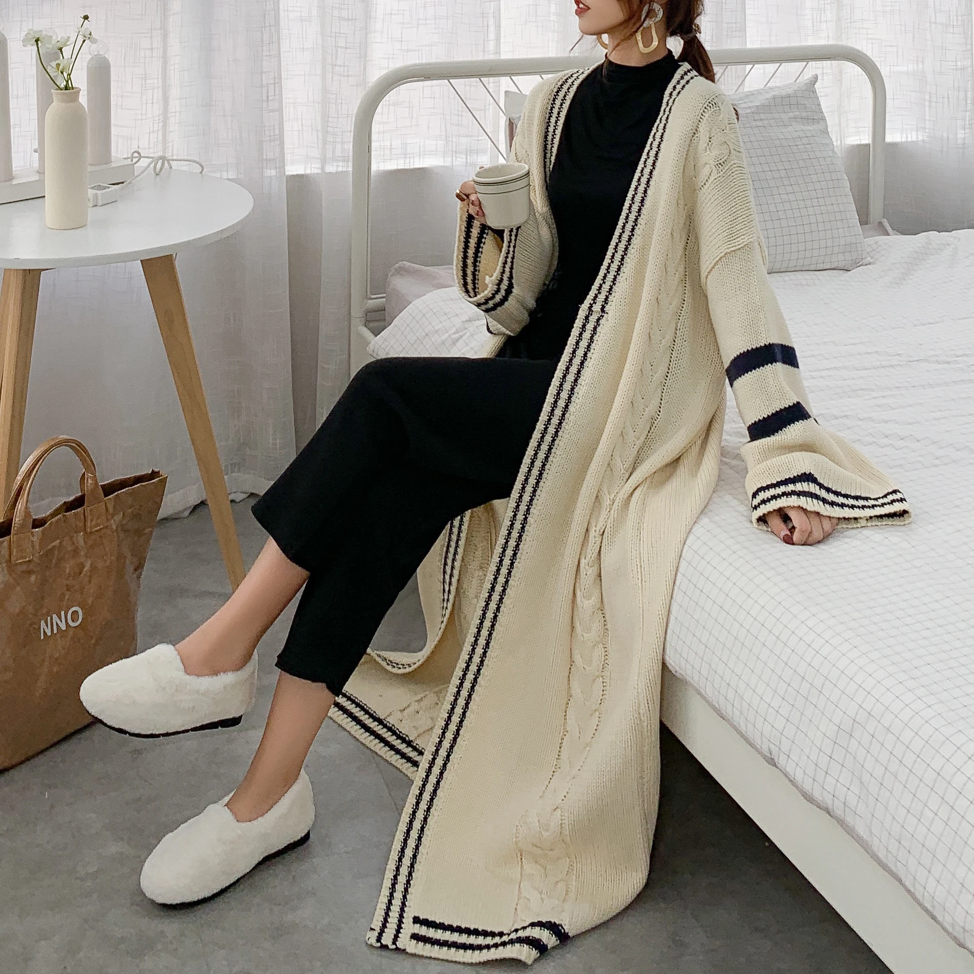 [ZAYAU]Autumn and Winter Long Thickened Sweater Coat women\'s Korean Stripe Loose Large Size Lazy Wind Knee Thick Cardigan