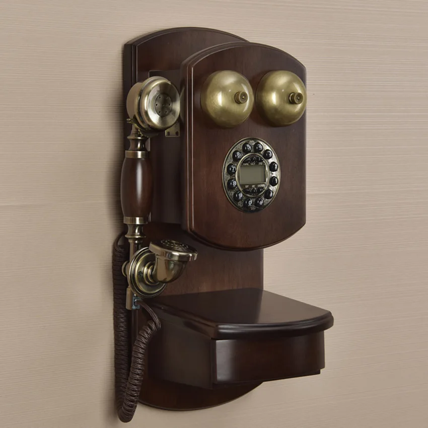 Wall Mounted Vintage Telephone Phone with Drawer,  Button / Rotary Dial, Adjustable Classic Ringtone Volume, Solid Wood for Home