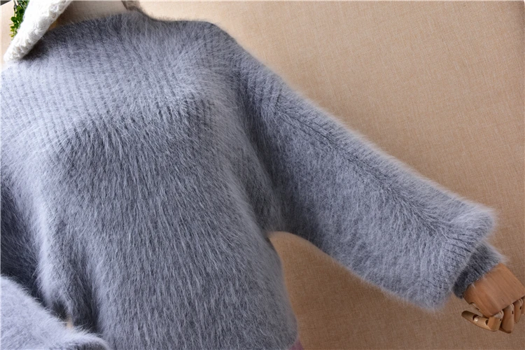 female women winter thick warm hairy angora rabbit fur knitted long lantern sleeves short loose pullover jumper sweater pull top