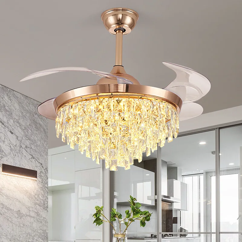 Crystal ceiling fan light dining room fan light living room light luxury postmodern stealth fan chandelier ceiling fan light