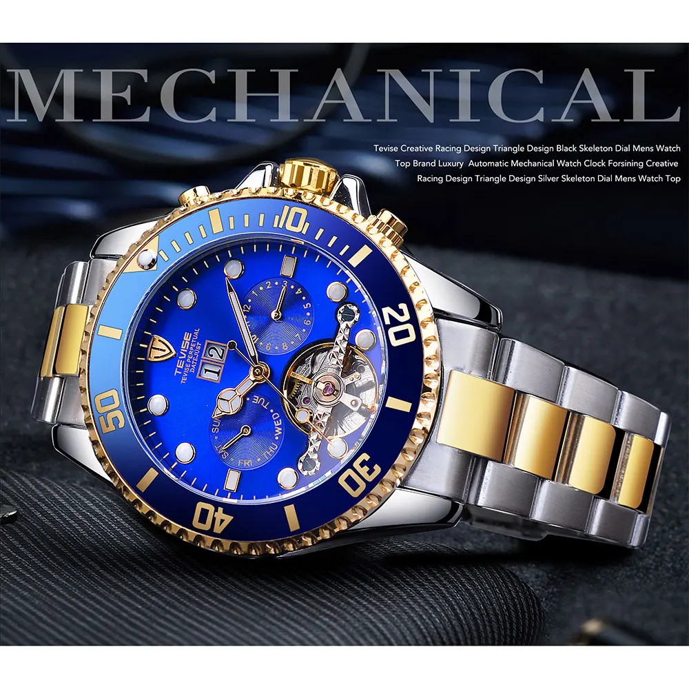 TEVISE Tourbillion Calendar Design Blue Golden Royal Navy Mens orologio automatico di marca Top Luxury Mechanical Hour maschio impermeabile