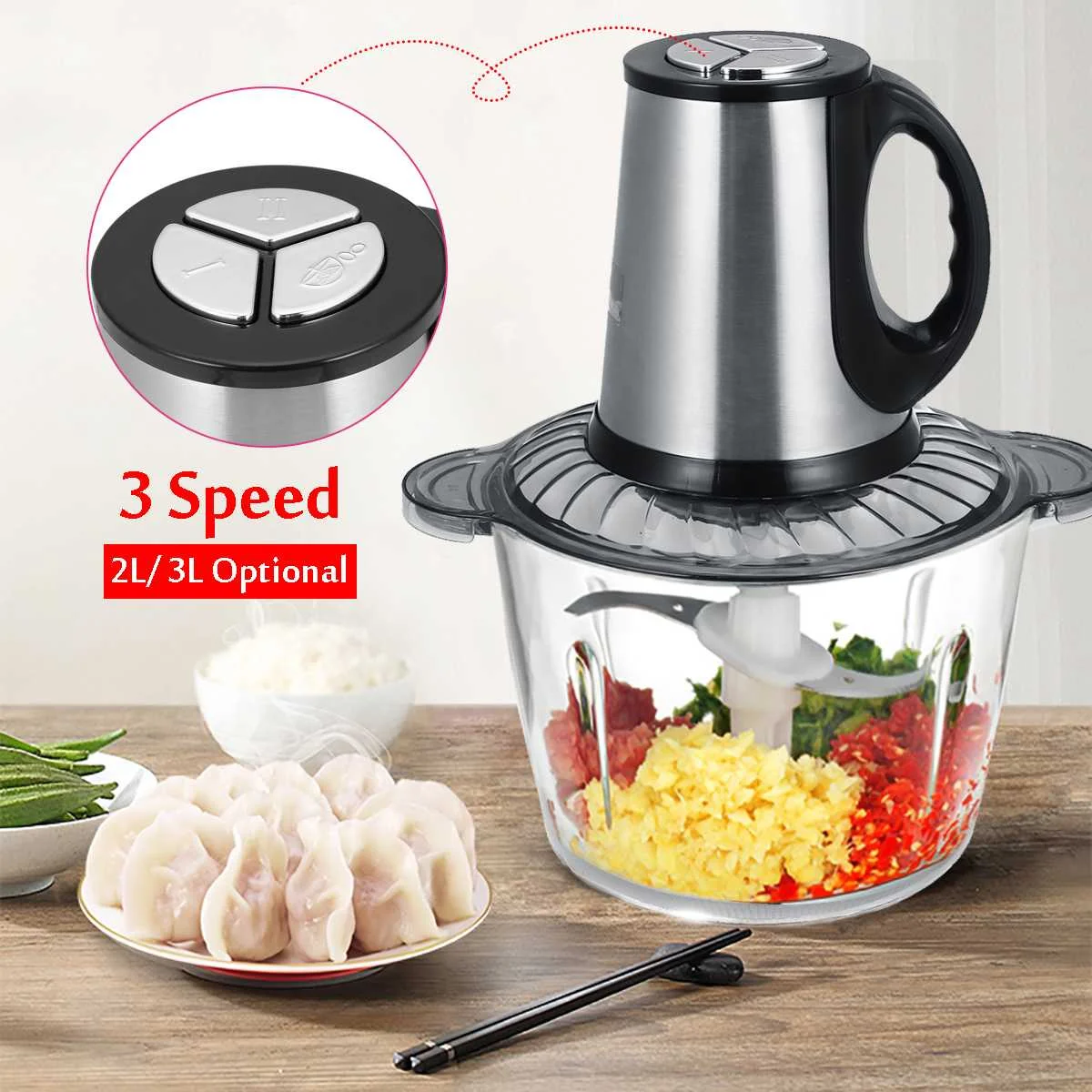 3L/2L Stainless Steel/Glass Meat Grinder 3Speed Electric Chopper Meat Grinder Household Automatic Mincing Machine Food Processor