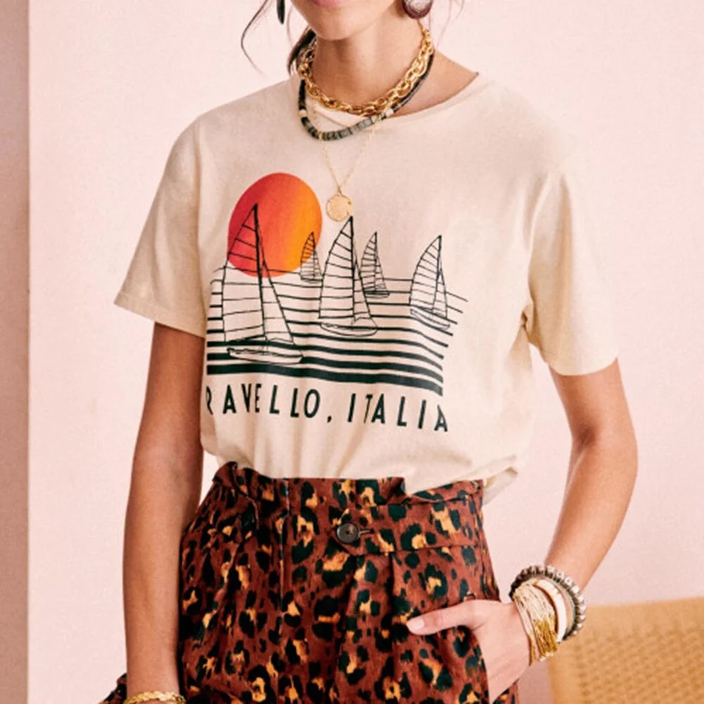 sunfiz YF Sunset Print Cotton T Shirt Woman Sailing Sea Letter Short Sleeve T Shirt Loose Tops Elegant Summer 2021 Casual Tee