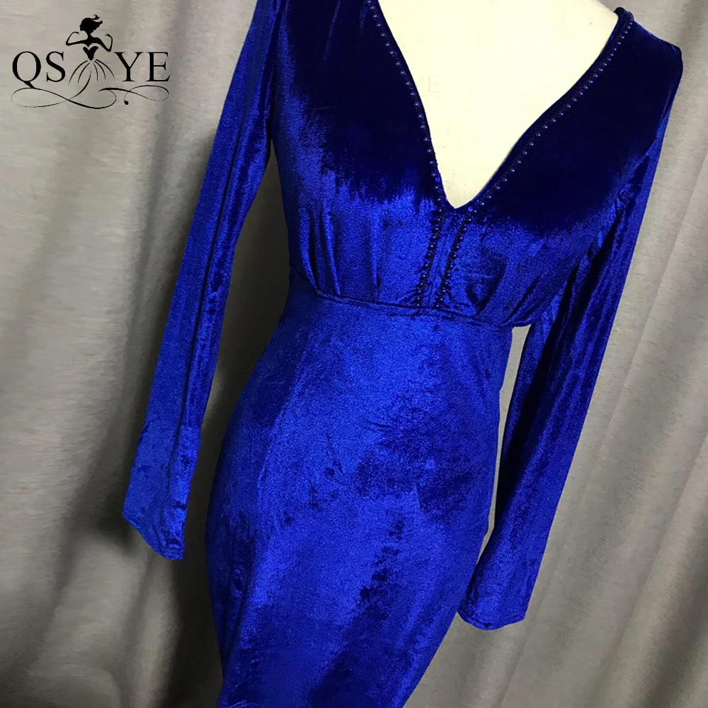 QSYYE-Vestidos de Noche de terciopelo azul real para mujer, vestido Formal de sirena elegante de manga larga, vestido de fiesta imperio Sexy con cuello en V y espalda abierta