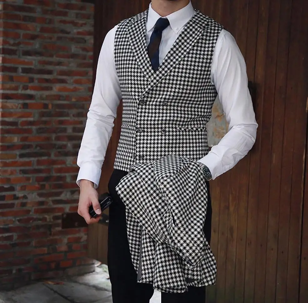Men's Suits For Wedding Houndstooth Suits Double Breasted Vest Trousers Prom Tuxedos (Blazer+Vest+Pants)