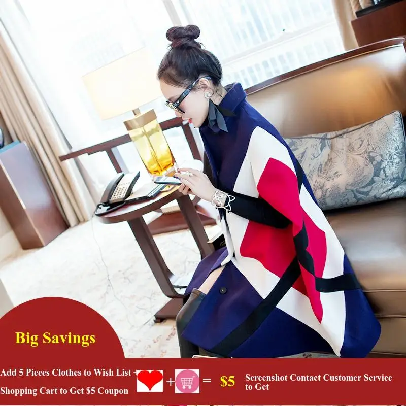 Women's Batwing Sleeve Color Block Wool Cloak Turn-down Collar Work Party Woolen Cape Plaid Cashmere Coat Poncho Winter