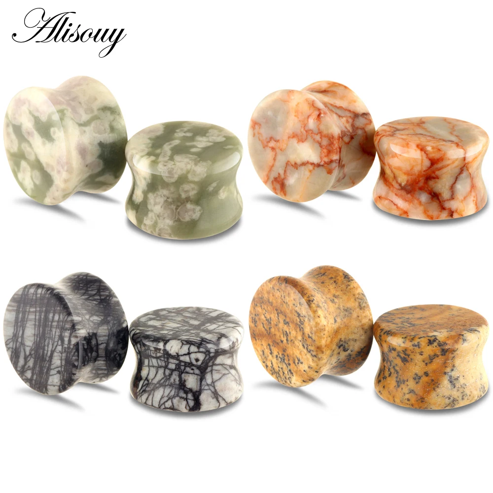 Alisouy 2PCS Stone Ear Tunnel Plugs Mixed Styles Double Flared Ear Flesh Gauges Piercing Ear Expander Stretcher Unisex Jewelry