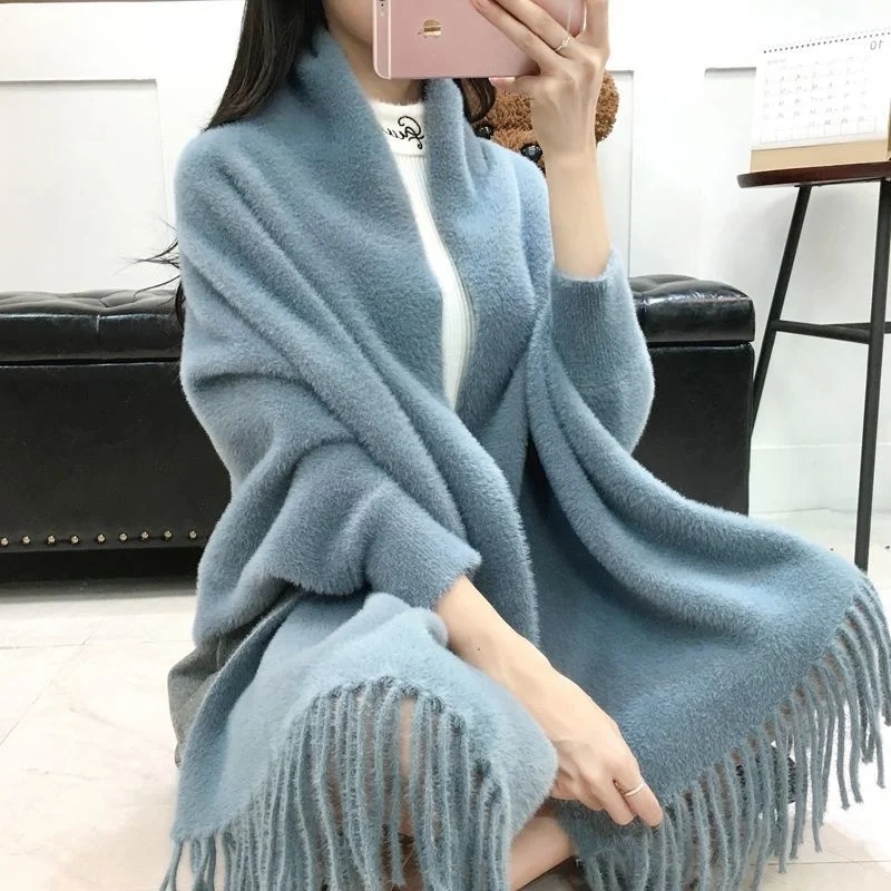 Women Cape Shawl Knitted Coat Bat Sleeve Imitation Mink Fleece Sweater Cardigan Poncho Mujer Autumn Winter Solid Loose Cloak Top