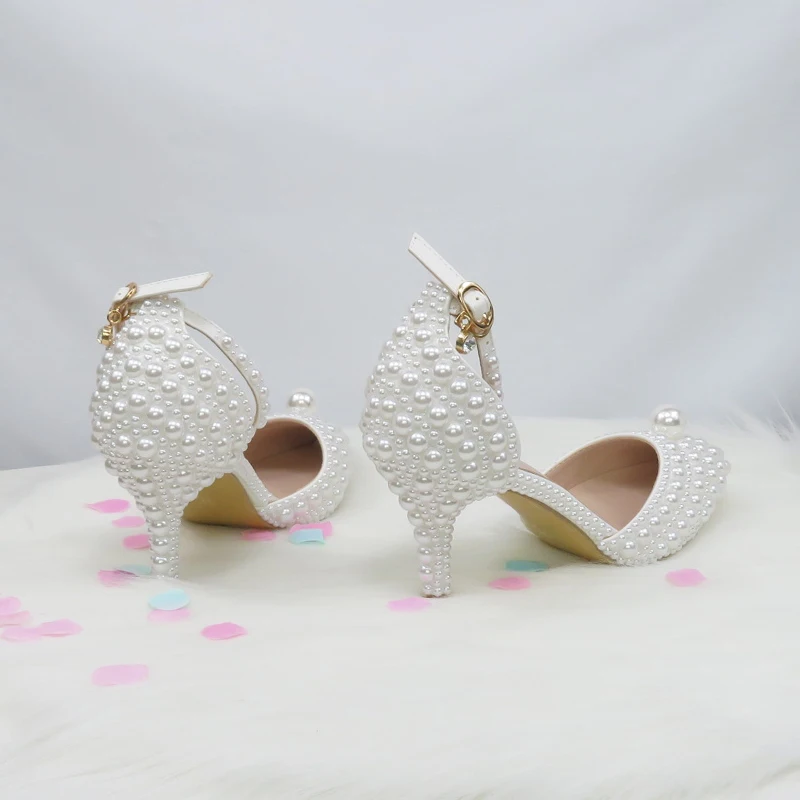 BaoYaFang White Beads Big Pearl wedding shoes Bride Pointed Toe party dress High heels shoes and bag set Thin Heel Ankle Strap