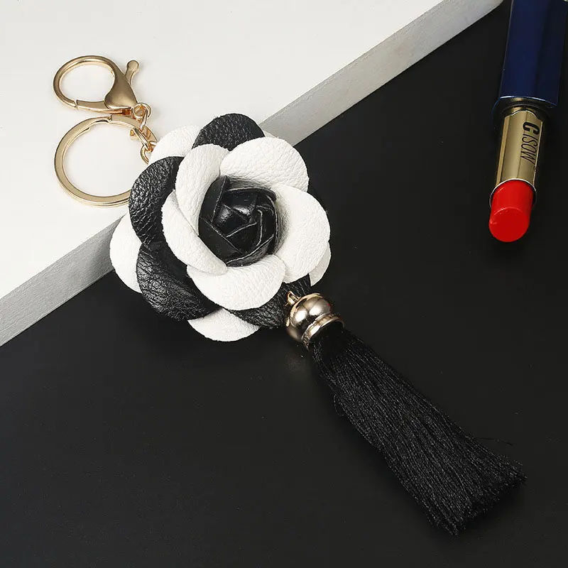 Leather Camellia Flower Female Keychain Bag Plush Car Key Ring Genuine Rose Flowers Long Tassel Style Key Chain