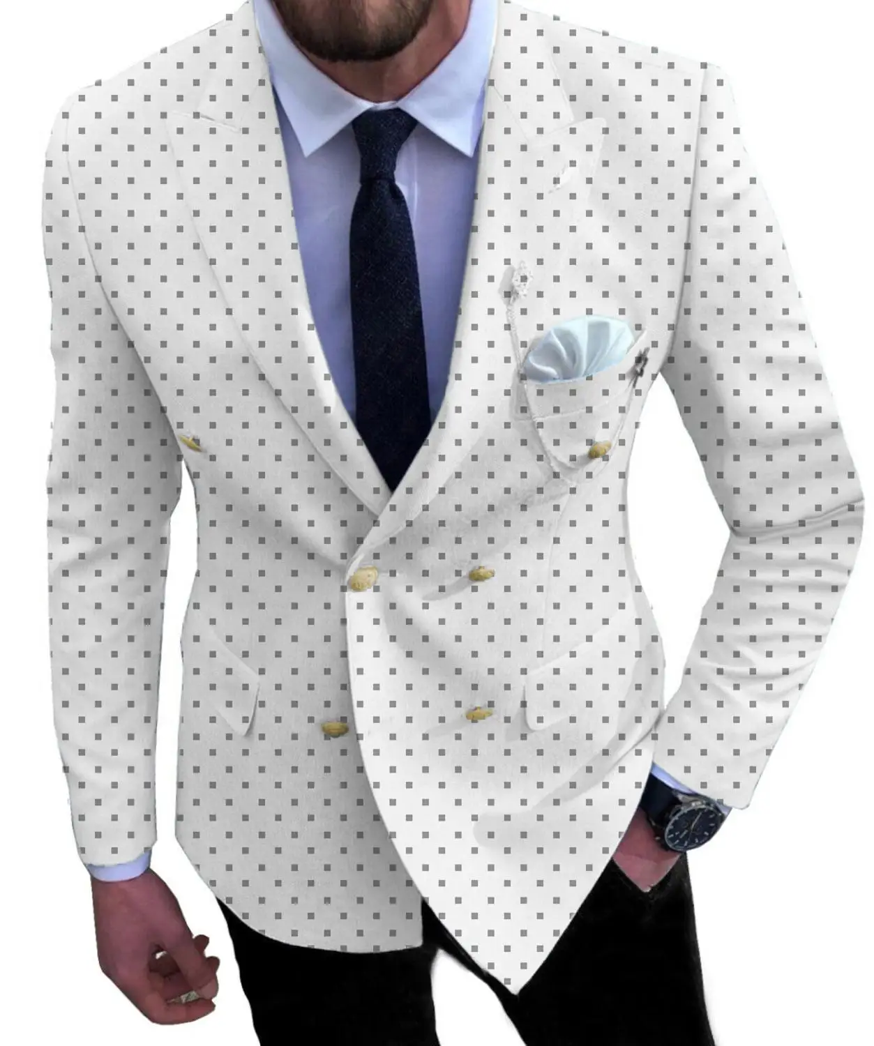 

Men's Dot Suits Slim Fit Prom Notch Lapel Tuxedos 2 Piece Double Breasted Patterned Jacket for Wedding Groomsmen (Blazer+Pants)