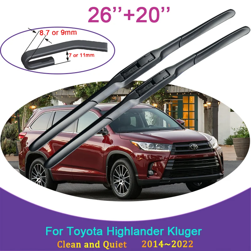 for Toyota Highlander Kluger 2014~2022 Two Frameless Durable Rubber Wiper Snow Scraping Front Windshield Brushes Car Accessories