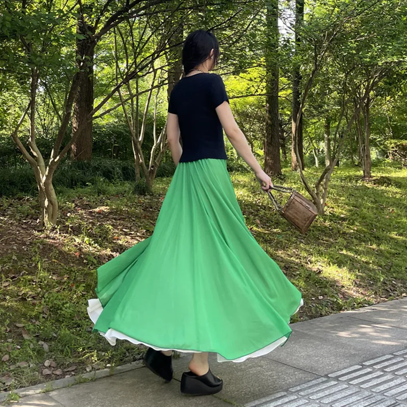 TIYIHAILEY Long Maxi A-Line Elastic Waist Women Double Layer Chiffon Green Big Hem Skirts With Belt 2024 New Fashion