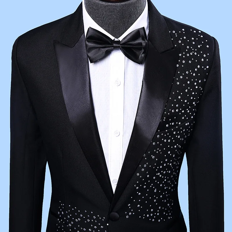 

New Slim Fit Adult Male Singer Stage Host Performance Suit Korean Style Mens Wedding Groom Emcee Diamond Dress