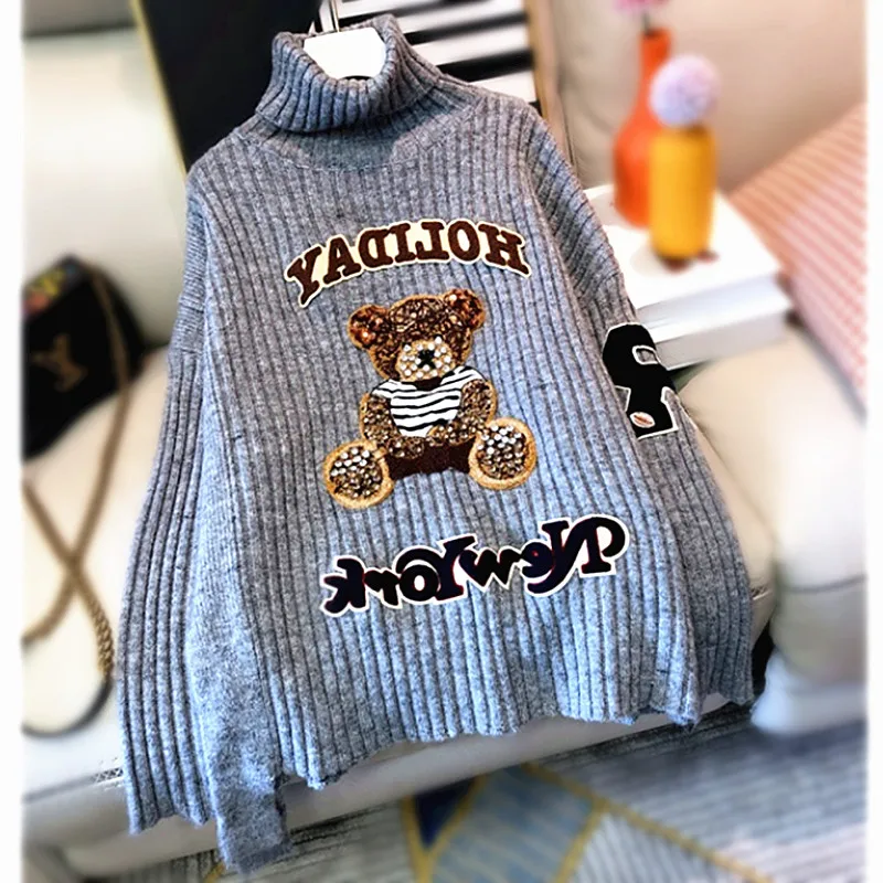 Women Runway Sweater Ladies Jumper Knitted Turtleneck Pullover Female Cute Bear Cartoon Appliques Diamond Beaded Sweaters NS508