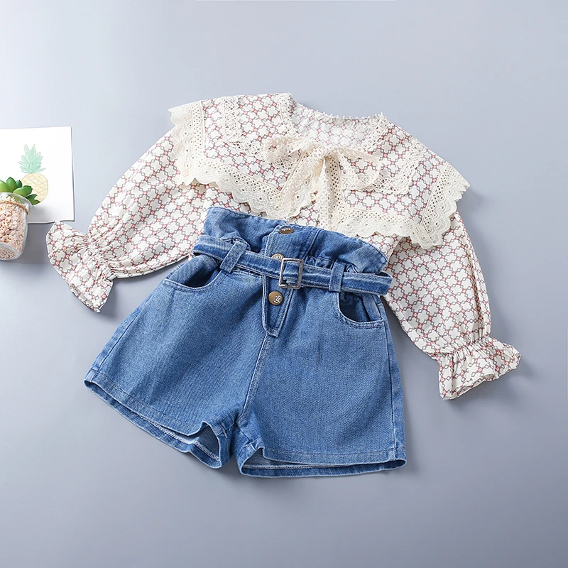 3-10 Years High Quality 100%Cotton Spring Girl Clothing Set 2022 New Pink Yellow Kid Children Clothes Blouses+Short Jean