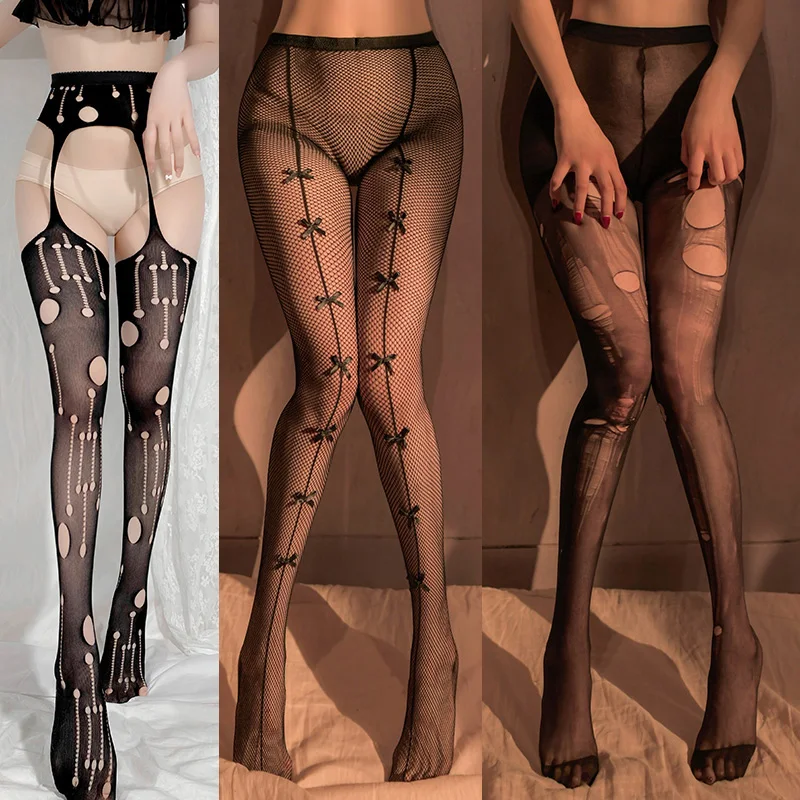 

Ladies Erotic Tights lingerie Fishnet lingerie hollow Siamese Stockings Open crotch transparent sexy costumes underwear teddy