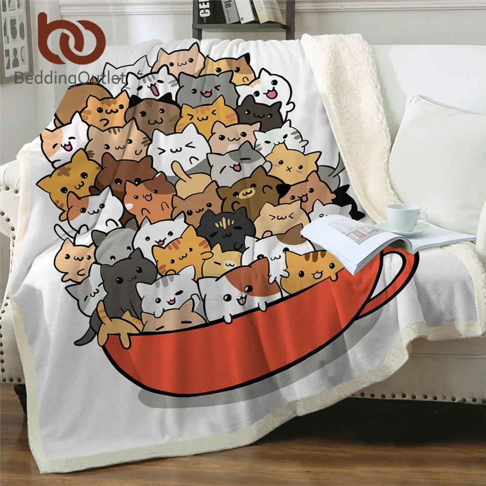 BeddingOutlet Teacup Cat Blanket for Bed Cartoon Sherpa Blanket Kawaii Throw Plush Bedspread Pet Bedding manta Custom Blanket