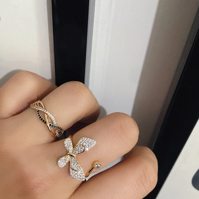 Luxury 18k Rose Gold Natural Black Diamond Ring Geometric Line Cross Wedding Diamond Rings for Women Vintage Fashion Jewelry