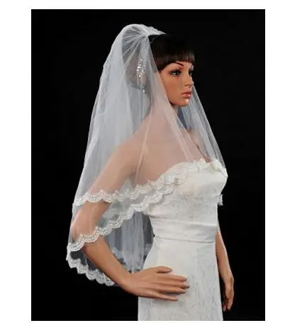 Twee Lagen Kant Applicaties Bridal Veils Met Kam Gezicht Sluier Wit Ivoor Petite Dames Bruiloft Accessoires Goedkope Koop