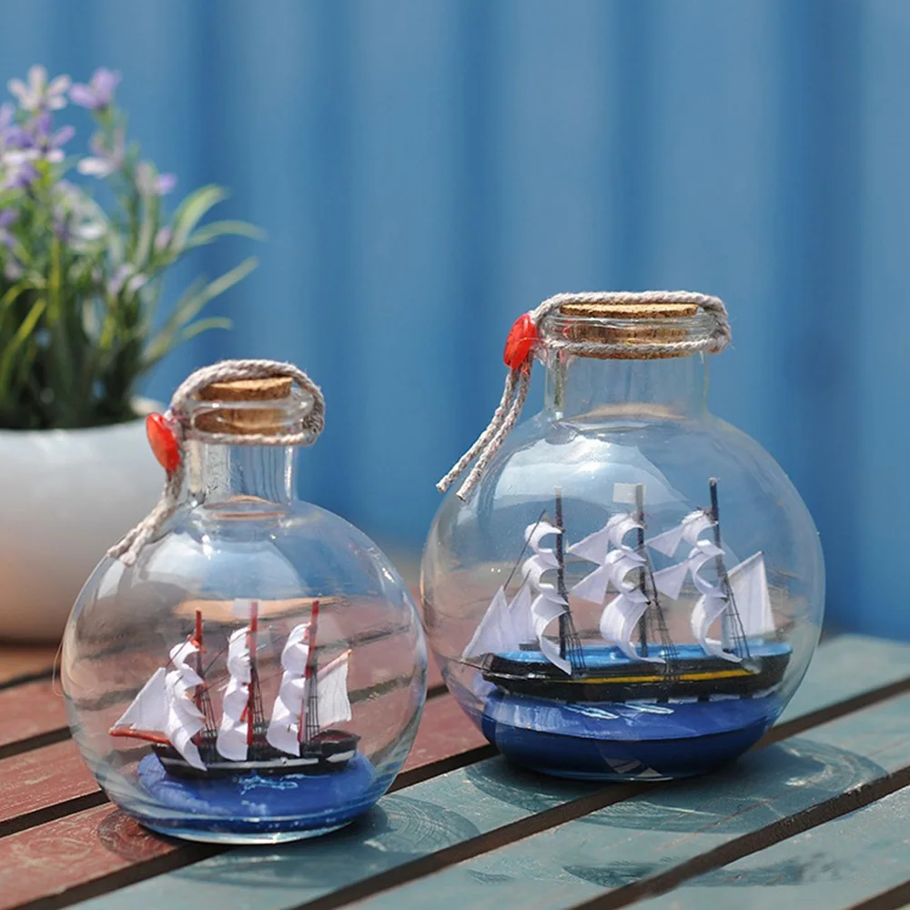 Sailing Boat in Drift Bottle Mediterranean Glass Pirate Ship Wishing Bottle Nautical Home Decor Gifts Crafts