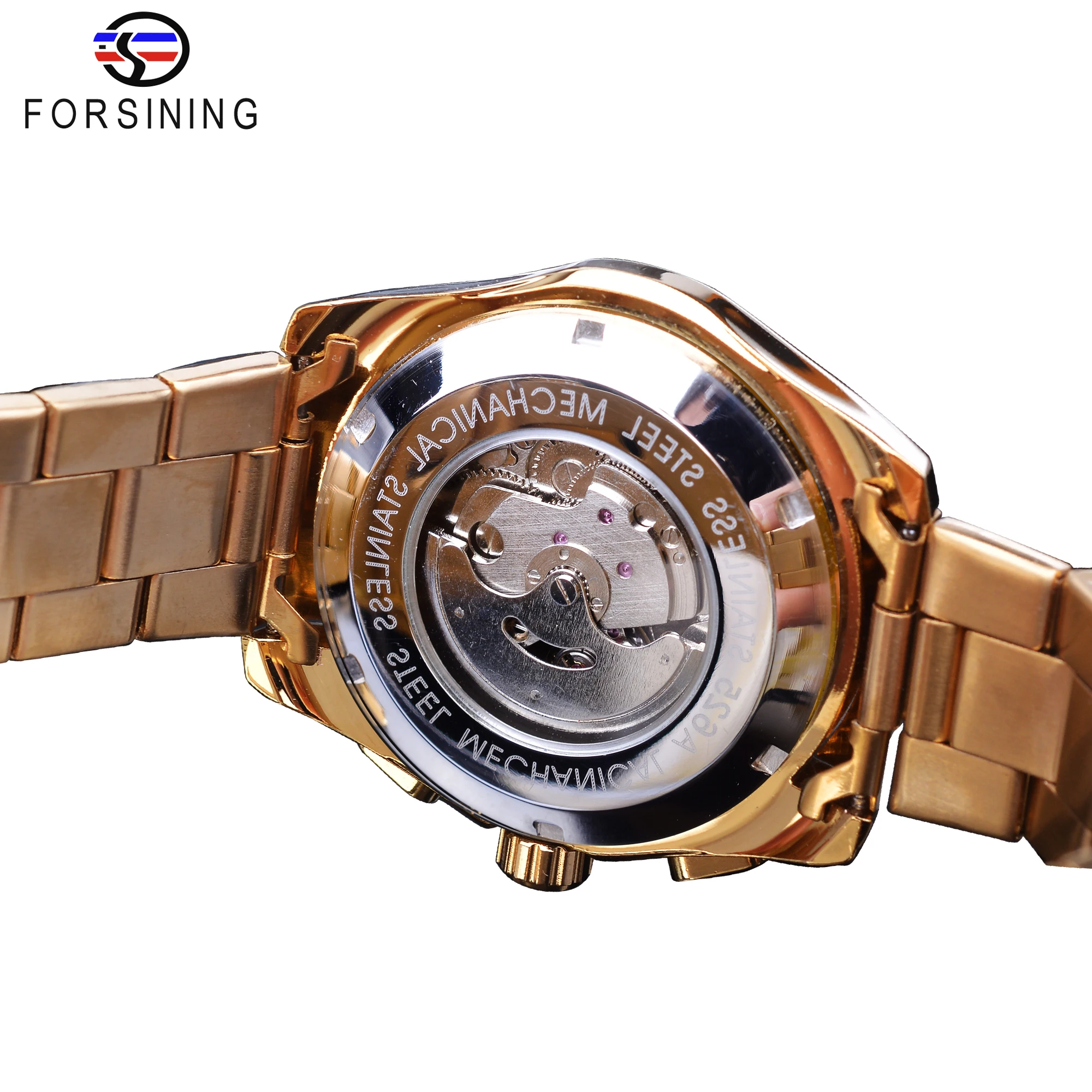 Forsining Black Business Mechanical Men Watch Automatic 3 Sub Dial Date Golden Steel Band Dress Wristwatch Clock Hour Time Reloj