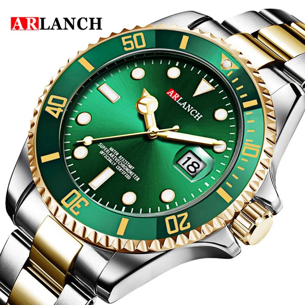 ARLANCH New Fashion Mens Watches Gold Green Steel Quartz Wrist Watch For Men Green Male Clock Sport Watch Men Relogio Masculino