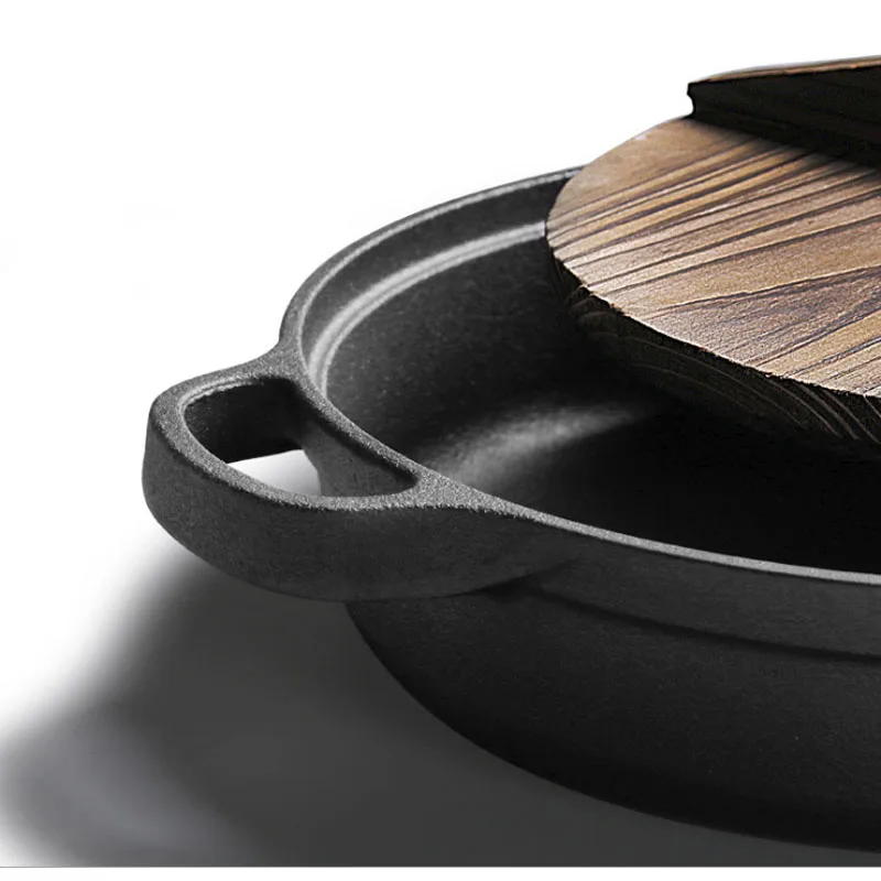 Cast Iron Frying Pan with Wooden Cover, Pancake Pan, Uncoated Pan, Induction Cooker, Universal Cookware, 30cm