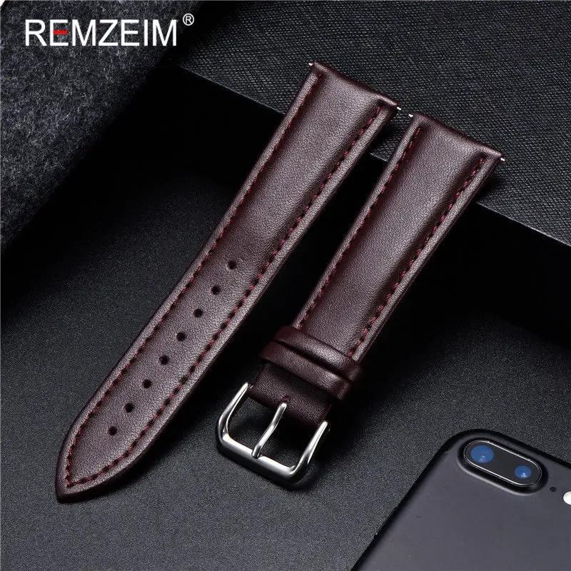 REMZEIM Universal Leather Watchband Strap 16mm 18mm 20mm 22mm 24mm With Stainless Steel Buckle Watch Accessories Black Brown