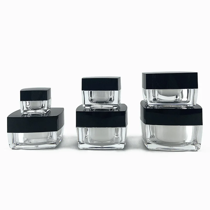 Small Square Refillable Bottles 5g 10g 30g 50g Transparent Empty Jar Acrylic Pot with Black Lid Makeup Bottle Jar Face Cream Box