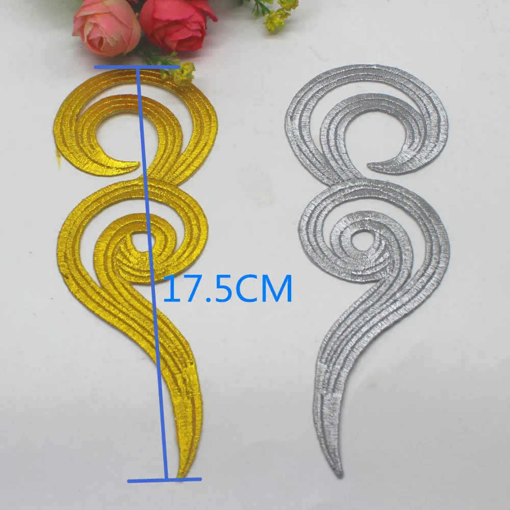 2 Pieces Iron On Appliques Gold Embroidered Budges Appliqued Gold Metallic Patches 3D Floral Cosplay 17.5cm