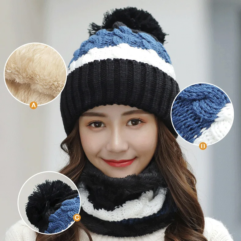 Winter Beanie Hat For Women Pompom Knitted HatBeanie Girls Thick Wool Neck Scarf Cap Balaclava Mask Bonnet Hats Gorras