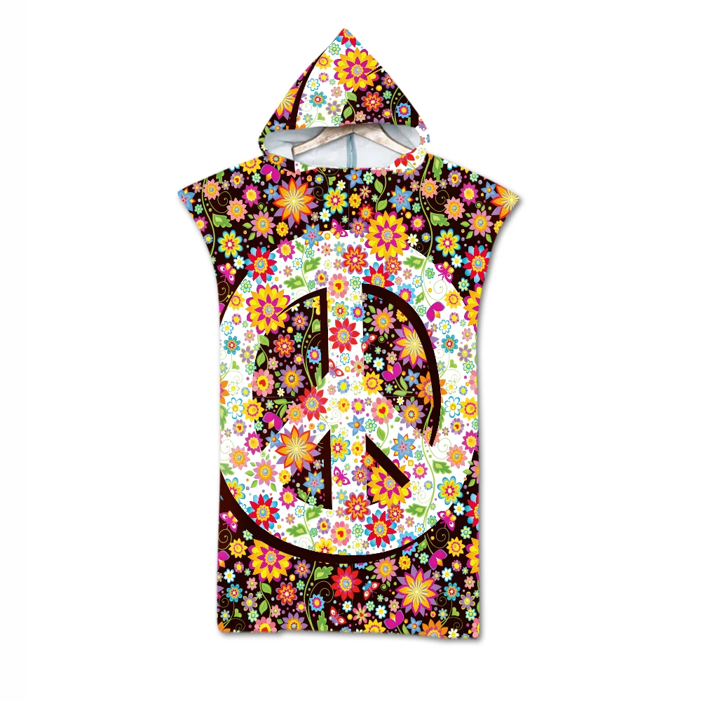 Love and Peace Printed 3D Flowers Pattern Beach Towel for Man Woman Adult Hooded Bath Towel Wrap Toallas De Ducha