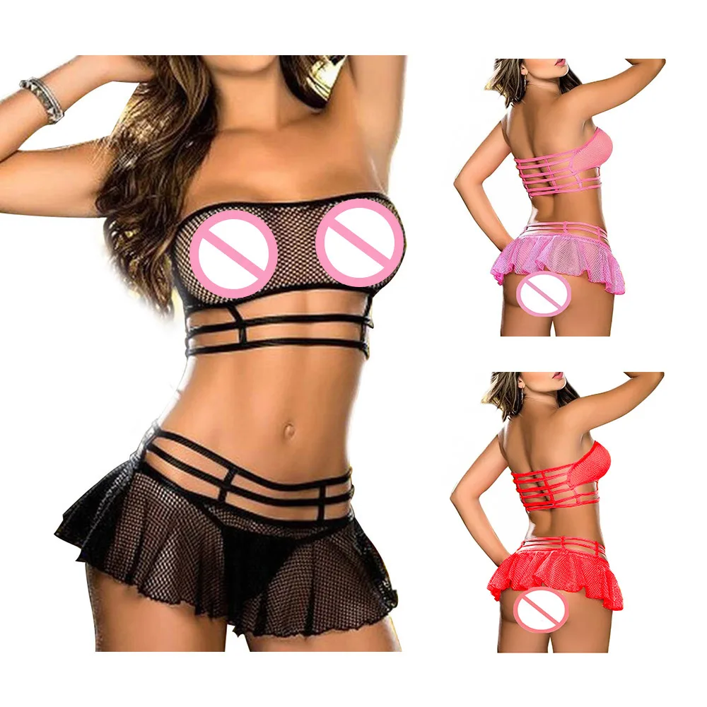 Sexy Lingerie Corset Hollow out mesh outfits Top Bra+skirt+thong set Dress for Women hot erotic fishnet sex clothes dancerwear