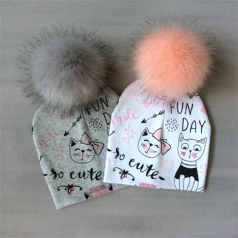 Baby Girls Hat Scarf Cotton Cartoon Printing Hat With Pompon For Girls Winter Children Cap Faux Fur Baby Hat Bonnet