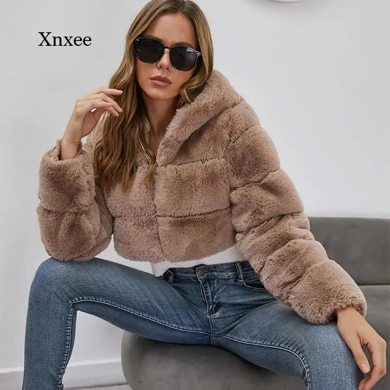 Women Hooded Coats Furry Cropped Faux Fur Winter Fluffy Top Jackets Female Thick Warm Patchwork Jacket Vintage Manteau Femme Top