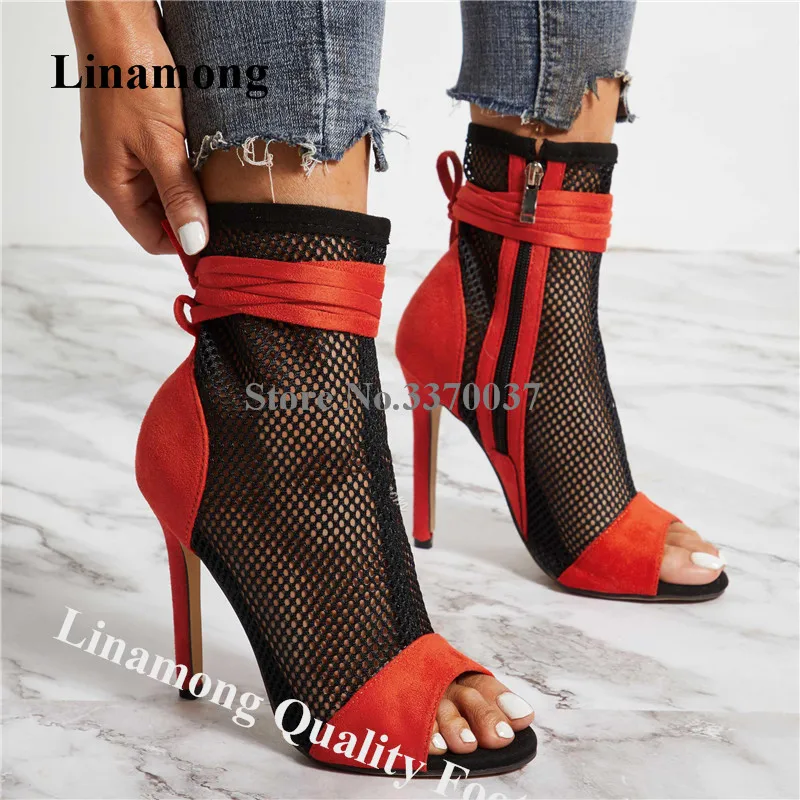 

Linamong Newest Mesh Patchwork Stiletto Heel Short Gladiator Boots Red Yellow Black Cut-out Ankle Straps High Heel Ankle Booties