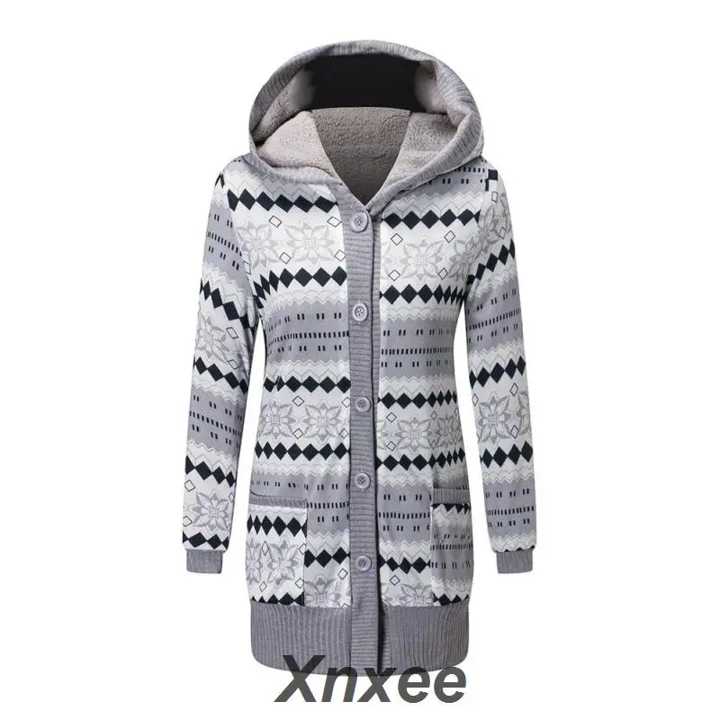 2019 Women Winter Coat Casual Printing Wool Stylish Knitted Coat Hooded Long Sleeve Thickening Cotton Jacket Outwear Xnxee