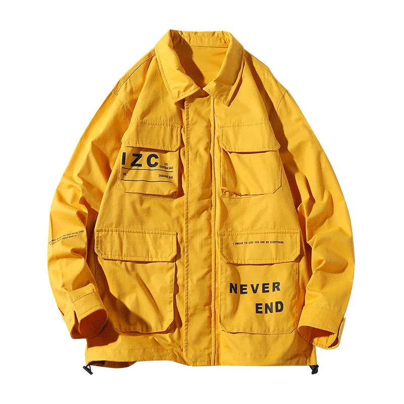 

Men Military Jacket Coats Casual Windbreaker Ribbons Pockets Men's Overalls Bomber Jacket Hip Hop Streetwear Yellow Outwear 2020