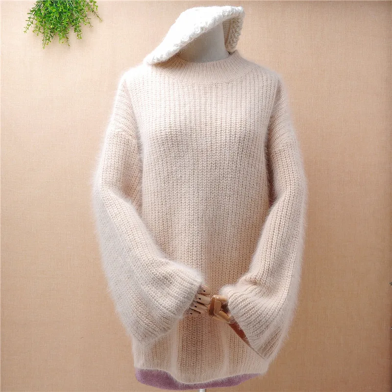 ladies women winter thick warm medium turtleneck hairy mink cashmere knitted long flare sleeves loose pullover angora fur jumper