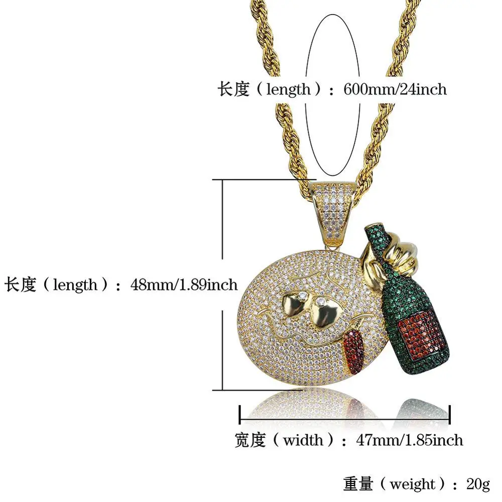 Hip Hop AAA CZ Stone Paved Bling Iced Out Cartoon Drinking Expression Pendants Necklace for Men Hiphop Rapper Jewelry