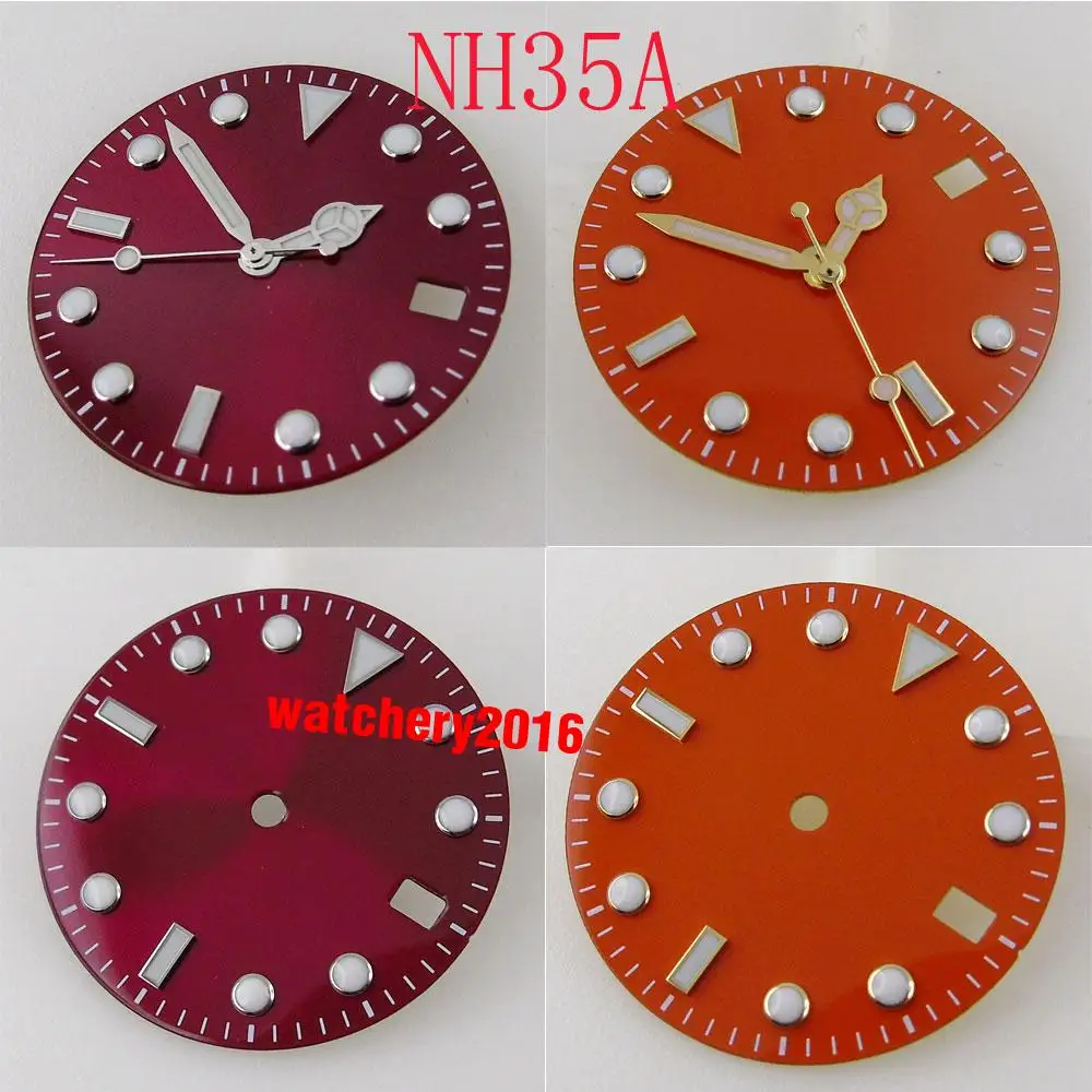 28.5mm Orange/Red Watch Dial+Watch Hands Sterile Watch Face Fit For NH35/NH35A Automatic Movement Date Window Luminous