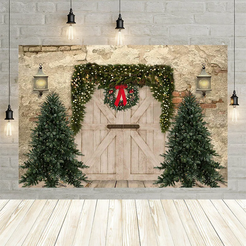 

Avezano Christmas Decorations Background For Photography Old Brick Wall Wood Door Pine Tree Portrait Backdrop Photo Studio Props