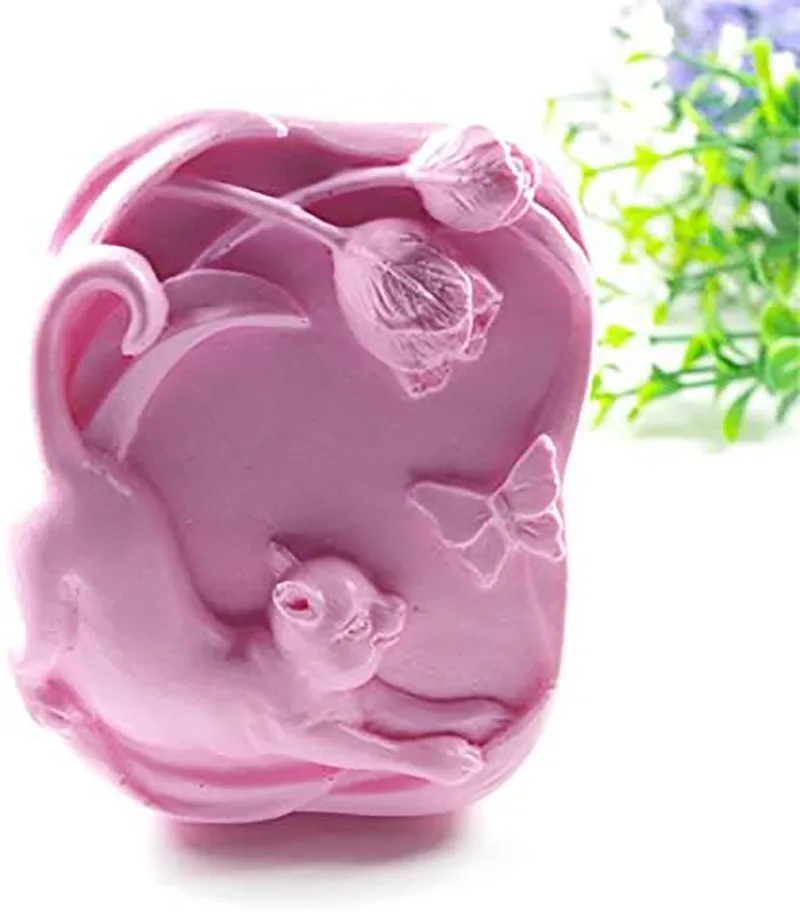 Lovely Cat Soap Mold Silicone Molds Cat Chasing Butterfly Craft Art Silicone Soap Mold Animal Plant Craft Molds For DIY Soap