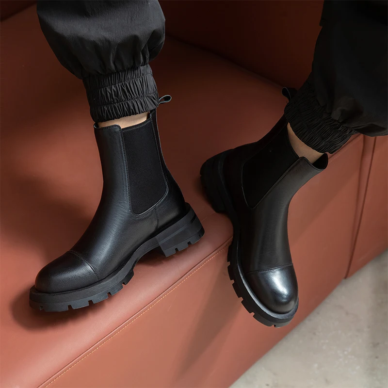 2021 Fall/Winter Shoes Women Leather Ankle Boots Women Round Toe Thick Heel Women Shoes Solid Chelsea Boots Casual Women Boots