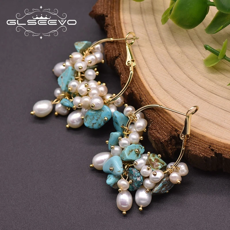 GLSEEVO Turquoise Natural Freshwater White Pearl Hoop Earrings Women Minimalist Korean Style Original Design Jewelry GE0992A