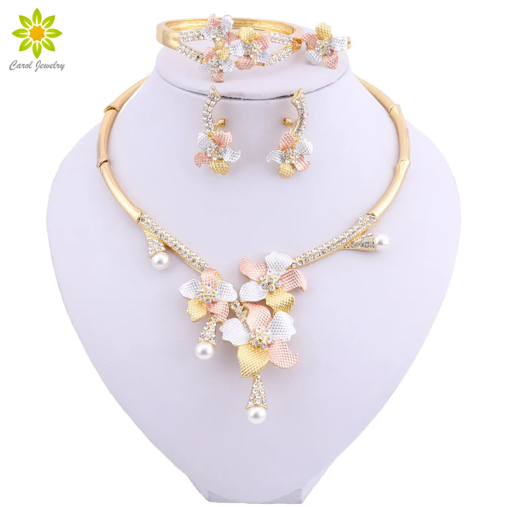 

Fashion Bridesmaid Jewelry Sets For Women Flower Crystal Jewelry Set Wedding Nigerian Beads Imitation Pearls Necklace Set