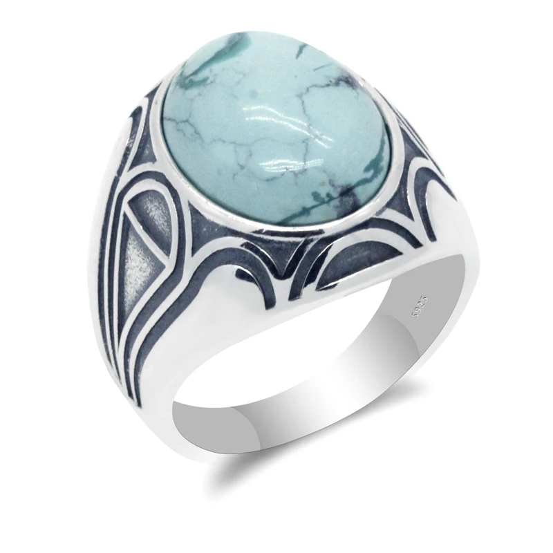 

Natural Turquoise Stone Men's Ring 925 Sterling Silver Original Band Window of God Design Ring for Men Turkish Party Jewelry