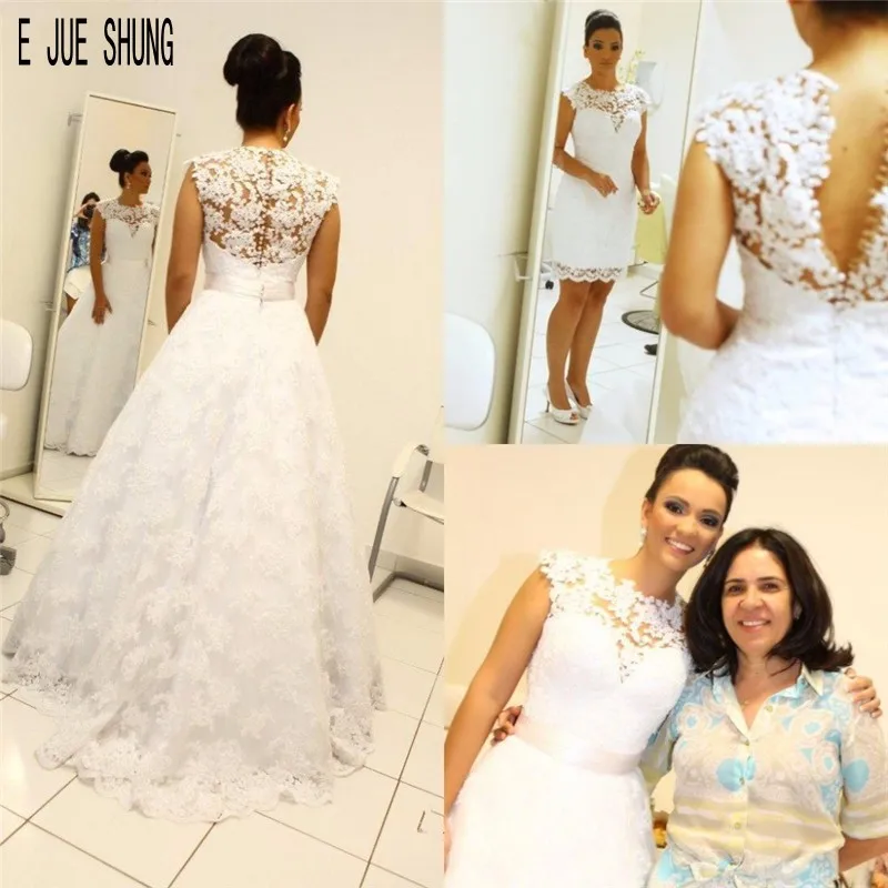 E JUE SHUNG Detachable Skirt Wedding Dresses Cap Sleeves Full Lace 2 In 1 Wedding Gowns Vestido De Noiva