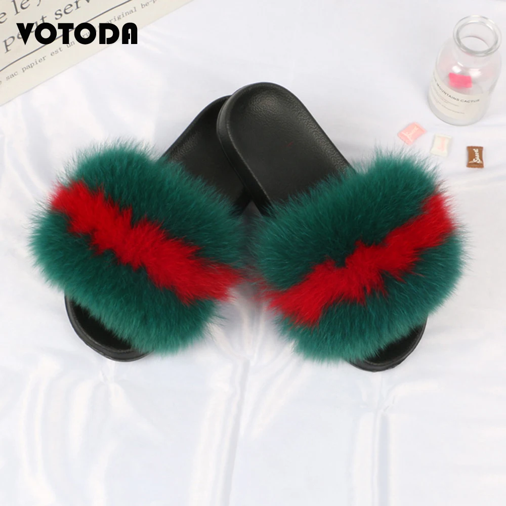 Summer Furry Shoes Women Fur Slippers Fluffy Raccoon Fur Sandals Fox Hair Slides Flat Rainbow Flip Flop Fuzzy Shoes Woman Slider